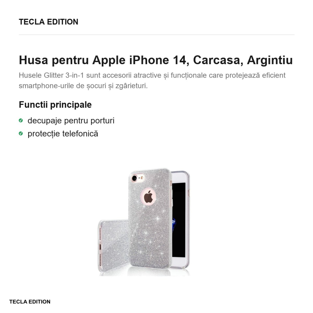 Husa Glitter 3in1 pentru Apple iPhone 14, Carcasa, Argintiu [2]