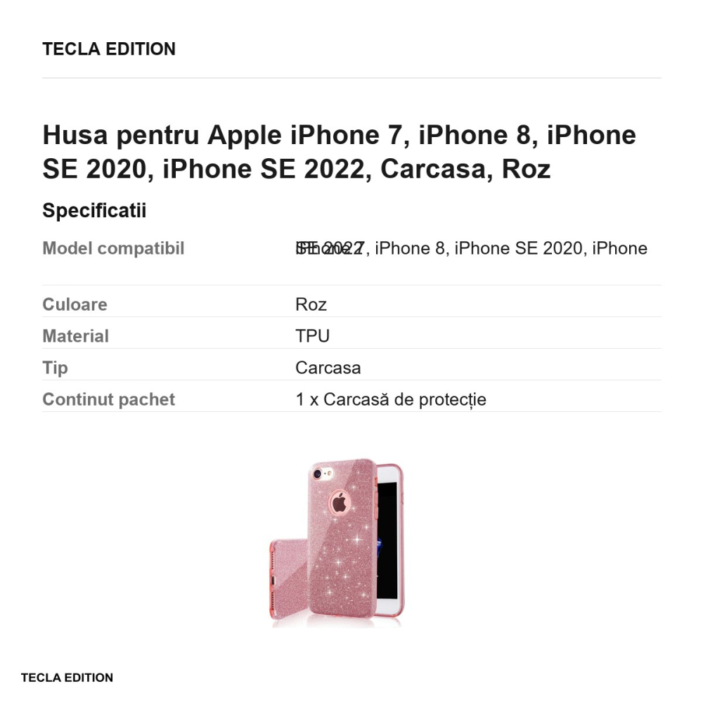 Husa Glitter 3in1 pentru Apple iPhone 7, iPhone 8, iPhone SE 2020, iPhone SE 2022, Carcasa, Roz [3]