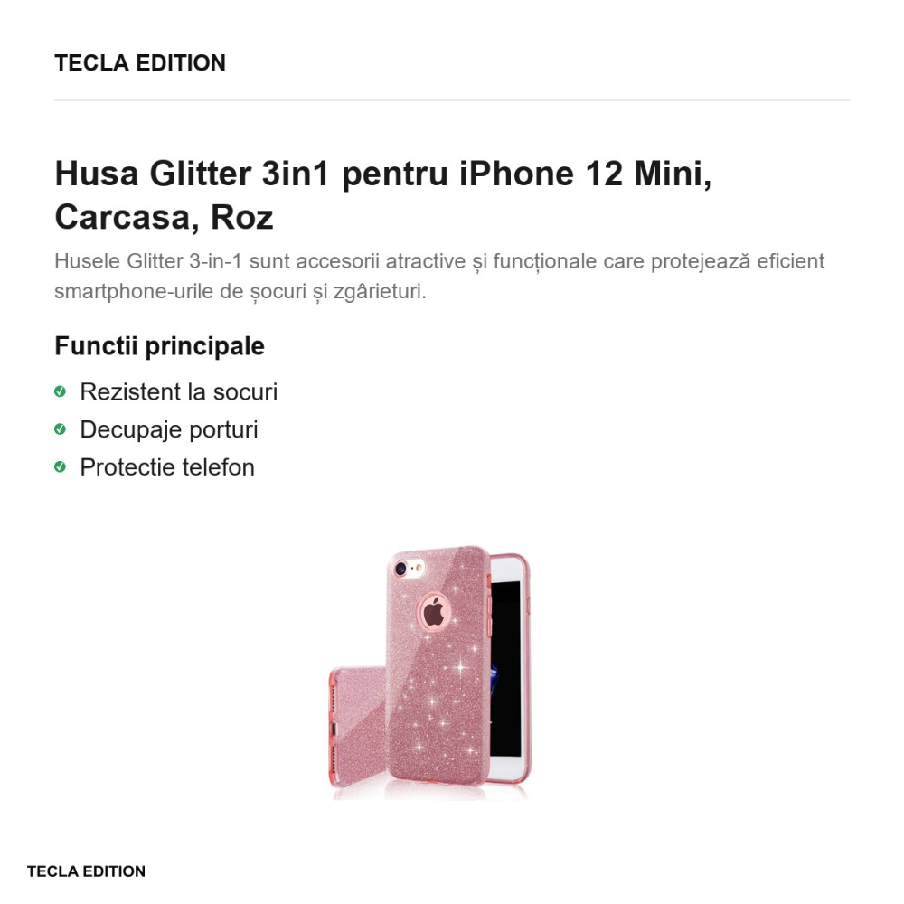 Husa Glitter 3in1 pentru iPhone 12 Mini, Carcasa, Roz [2]