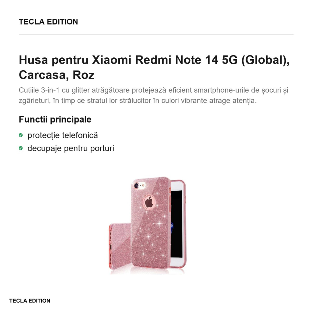 Husa Glitter 3in1 pentru Xiaomi Redmi Note 14 5G (Global), Carcasa, Roz [2]