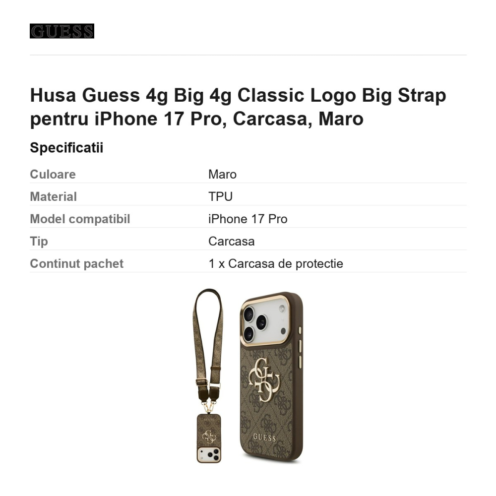 Husa Guess 4g Big 4g Classic Logo Big Strap pentru iPhone 17 Pro, Carcasa, Maro [3]
