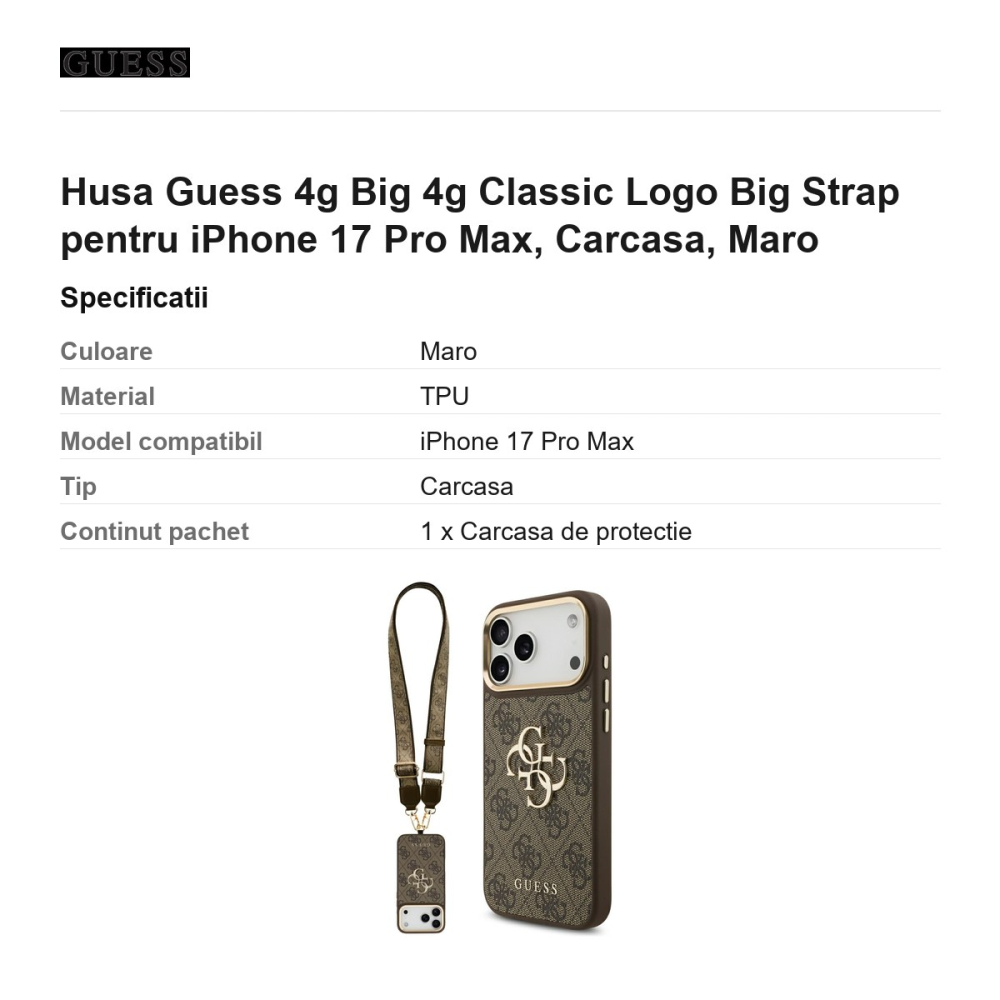 Husa Guess 4g Big 4g Classic Logo Big Strap pentru iPhone 17 Pro Max, Carcasa, Maro [3]