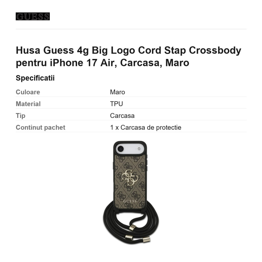 Husa Guess 4g Big Logo Cord Stap Crossbody pentru iPhone 17 Air, Carcasa, Maro [3]