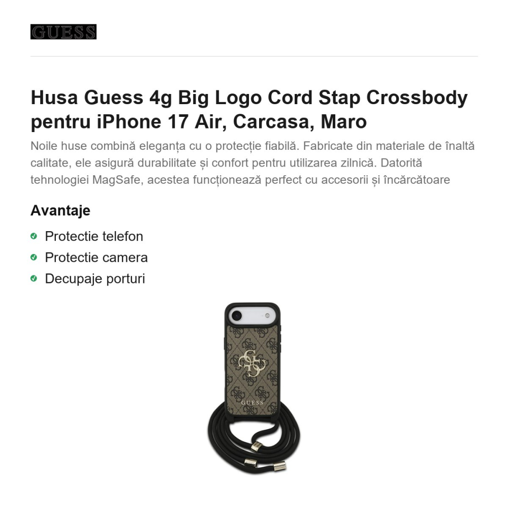 Husa Guess 4g Big Logo Cord Stap Crossbody pentru iPhone 17 Air, Carcasa, Maro [2]