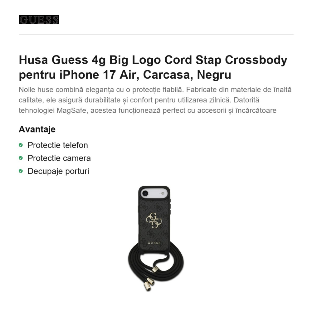Husa Guess 4g Big Logo Cord Stap Crossbody pentru iPhone 17 Air, Carcasa, Negru [2]