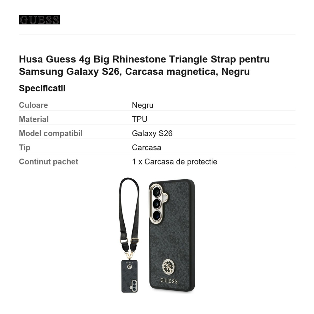 Husa Guess 4g Big Rhinestone Triangle Strap pentru Samsung Galaxy S26, Carcasa magnetica, Negru [3]