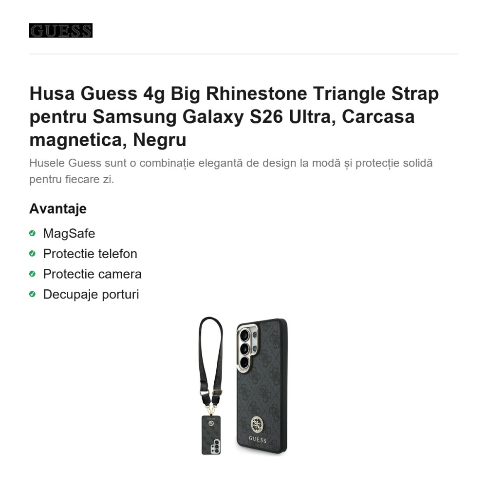 Husa Guess 4g Big Rhinestone Triangle Strap pentru Samsung Galaxy S26 Ultra, Carcasa magnetica, Negru [2]