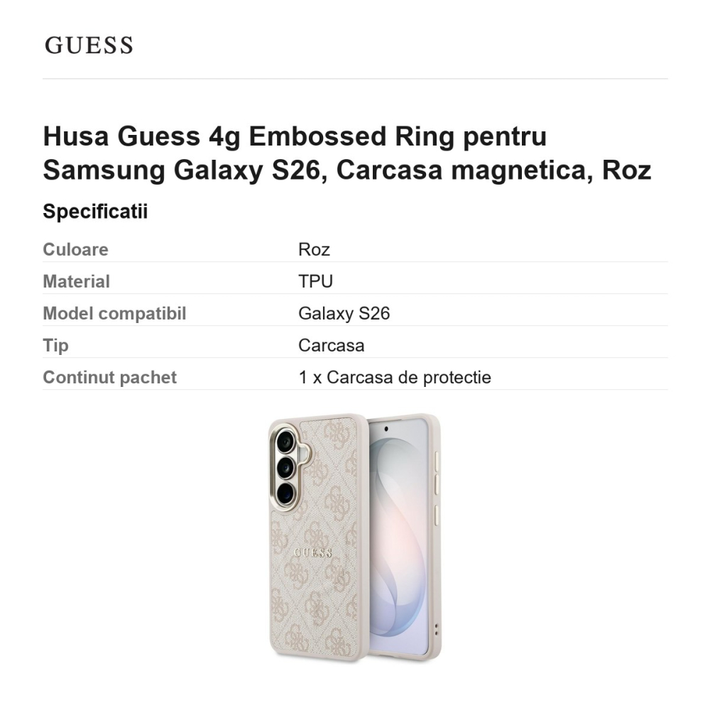 Husa Guess 4g Embossed Ring pentru Samsung Galaxy S26, Carcasa magnetica, Roz [3]
