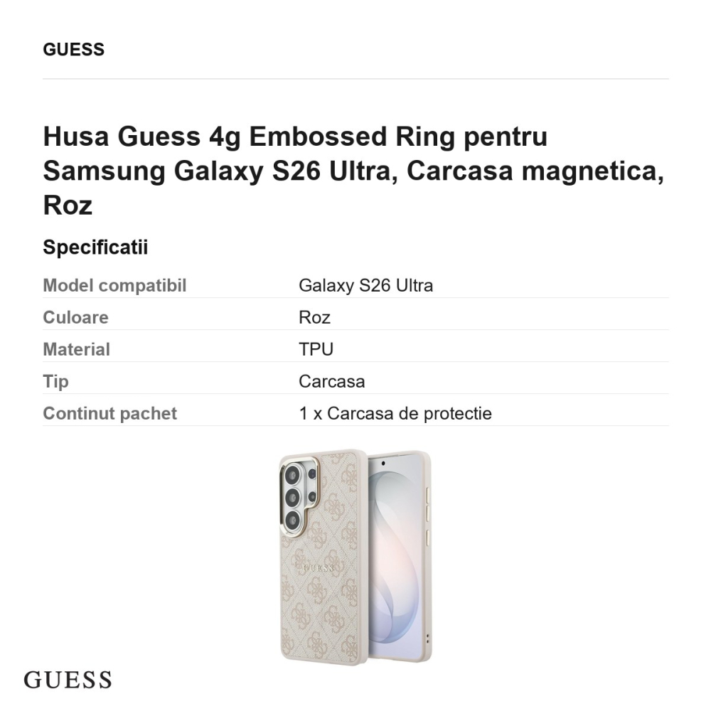 Husa Guess 4g Embossed Ring pentru Samsung Galaxy S26 Ultra, Carcasa magnetica, Roz [3]
