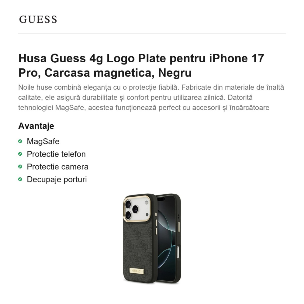 Husa Guess 4g Logo Plate pentru iPhone 17 Pro, Carcasa magnetica, Negru [2]