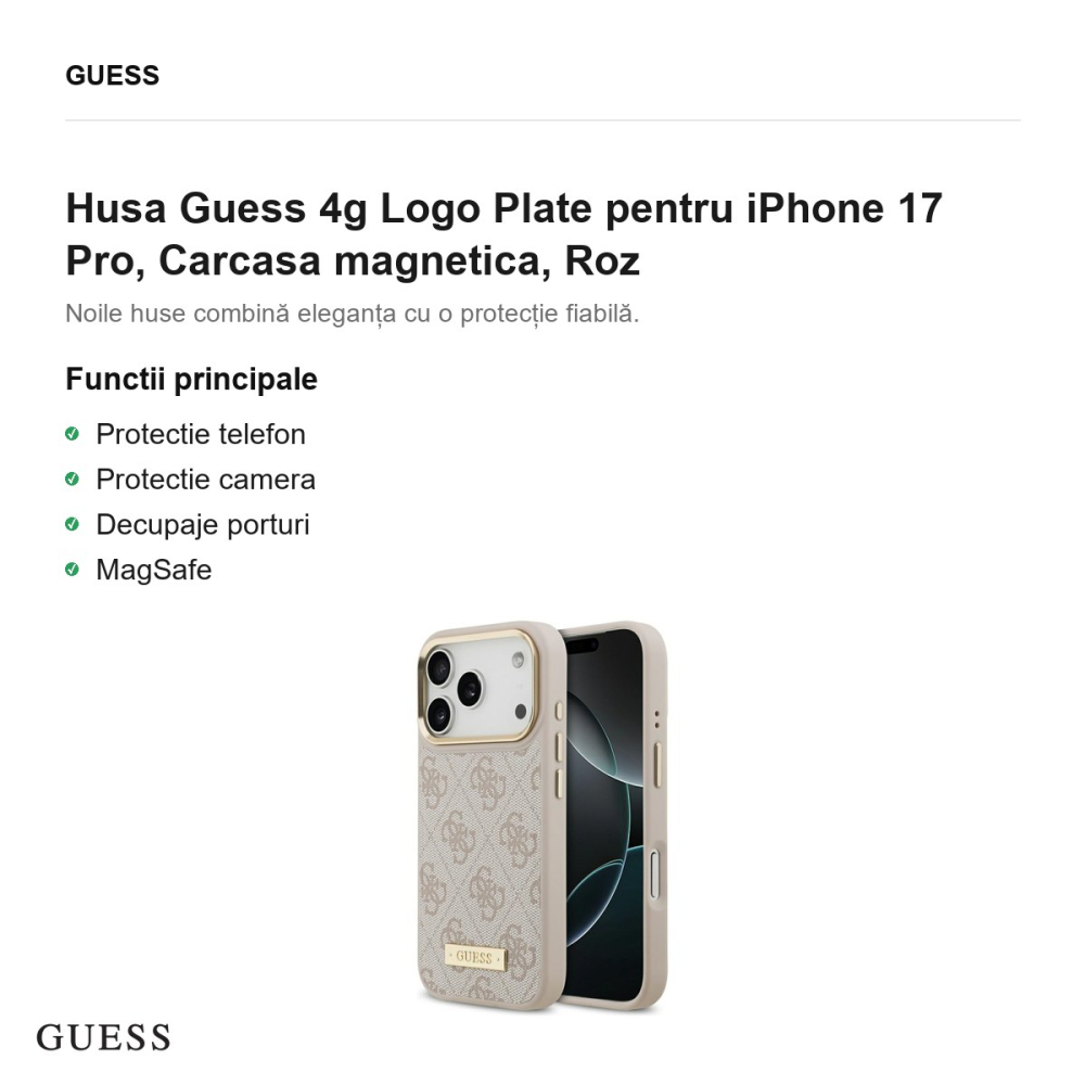 Husa Guess 4g Logo Plate pentru iPhone 17 Pro, Carcasa magnetica, Roz [2]