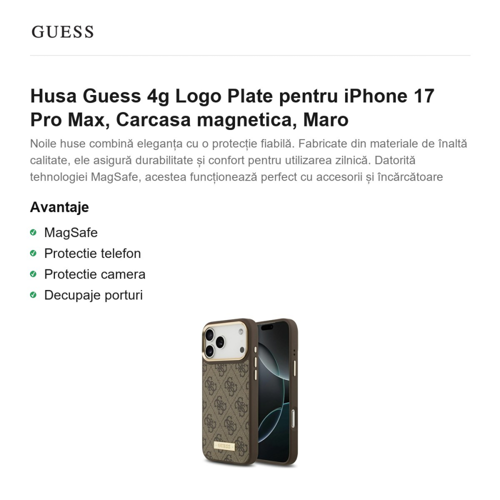 Husa Guess 4g Logo Plate pentru iPhone 17 Pro Max, Carcasa magnetica, Maro [2]
