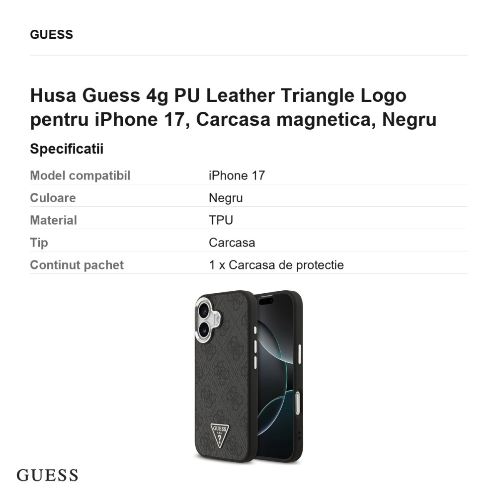Husa Guess 4g PU Leather Triangle Logo pentru iPhone 17, Carcasa magnetica, Negru [3]
