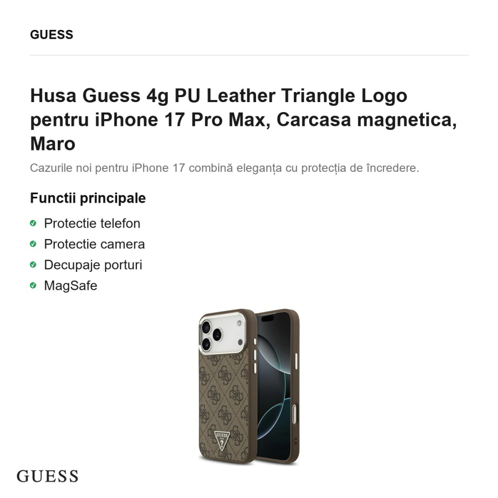Husa Guess 4g PU Leather Triangle Logo pentru iPhone 17 Pro Max, Carcasa magnetica, Maro [2]