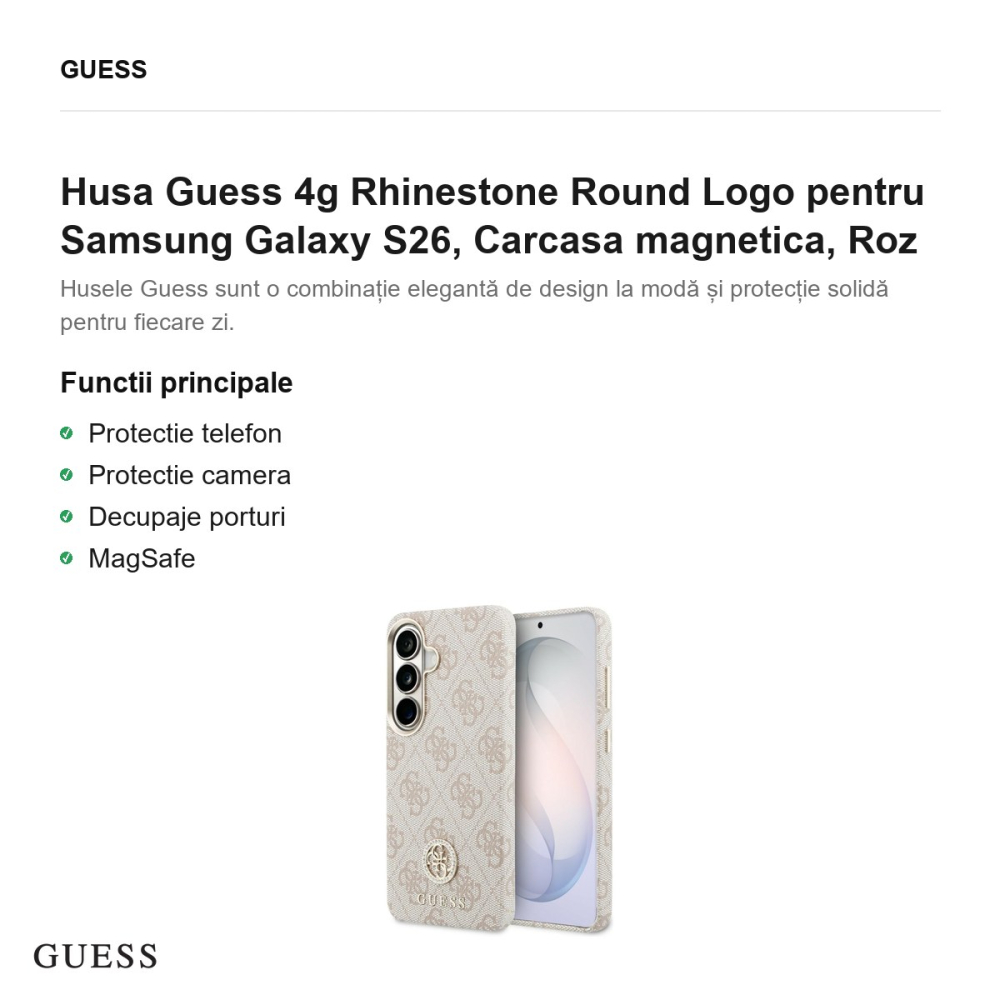 Husa Guess 4g Rhinestone Round Logo pentru Samsung Galaxy S26, Carcasa magnetica, Roz [2]