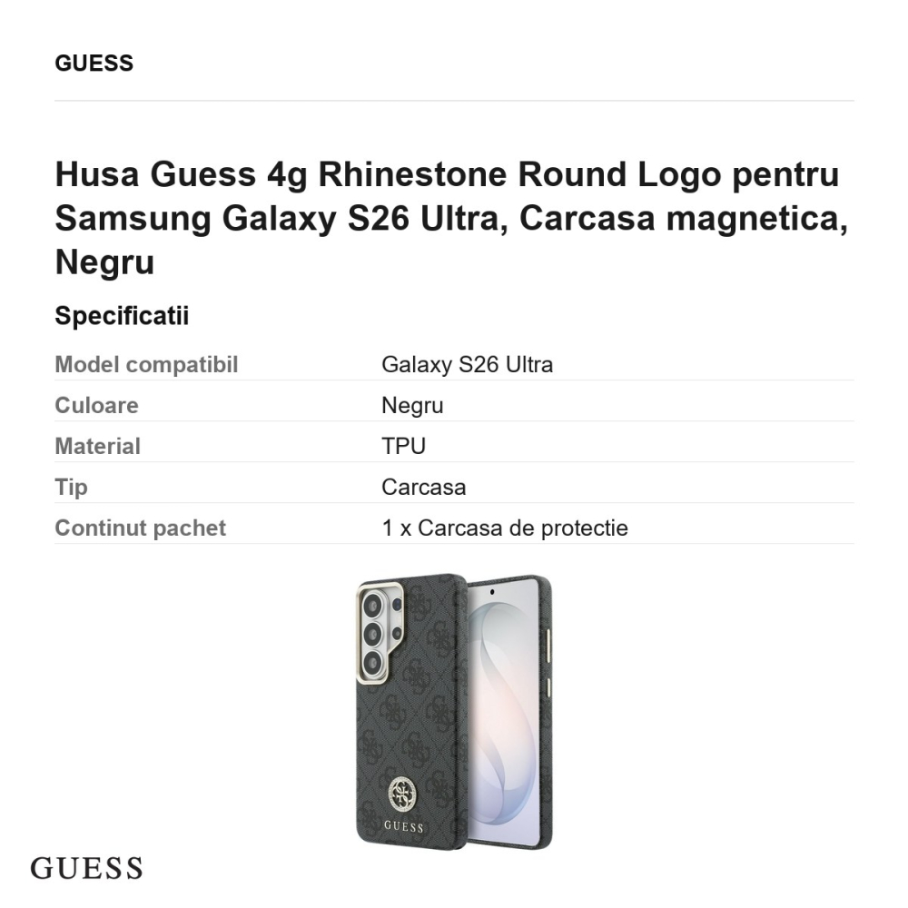 Husa Guess 4g Rhinestone Round Logo pentru Samsung Galaxy S26 Ultra, Carcasa magnetica, Negru [3]