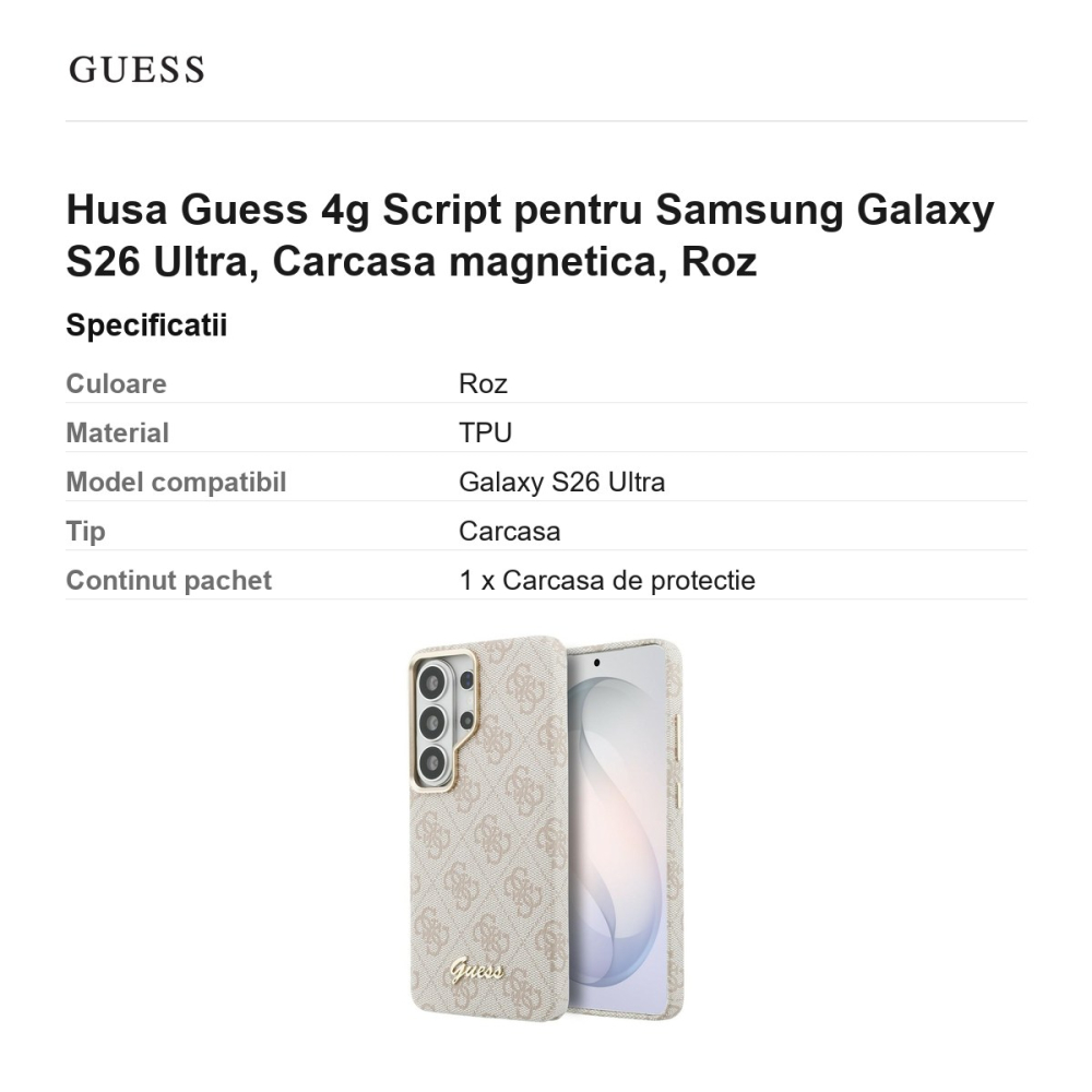 Husa Guess 4g Script pentru Samsung Galaxy S26 Ultra, Carcasa magnetica, Roz [3]