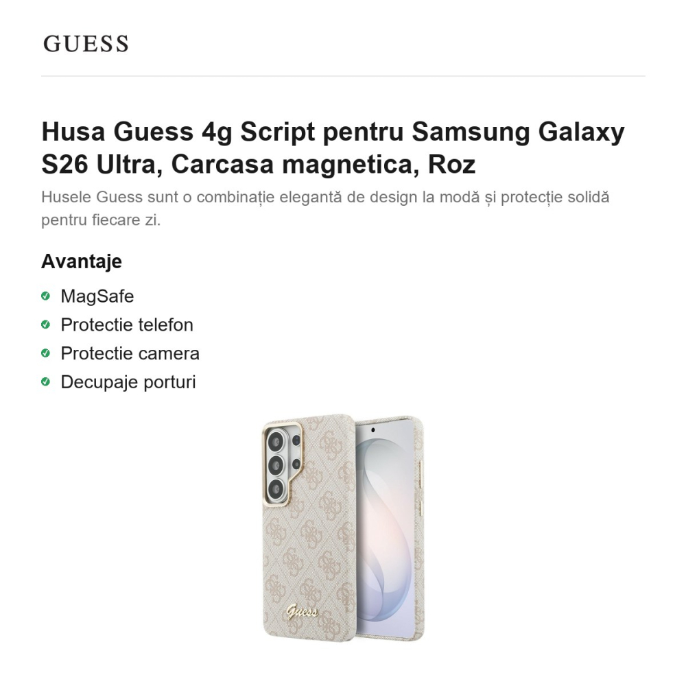 Husa Guess 4g Script pentru Samsung Galaxy S26 Ultra, Carcasa magnetica, Roz [2]