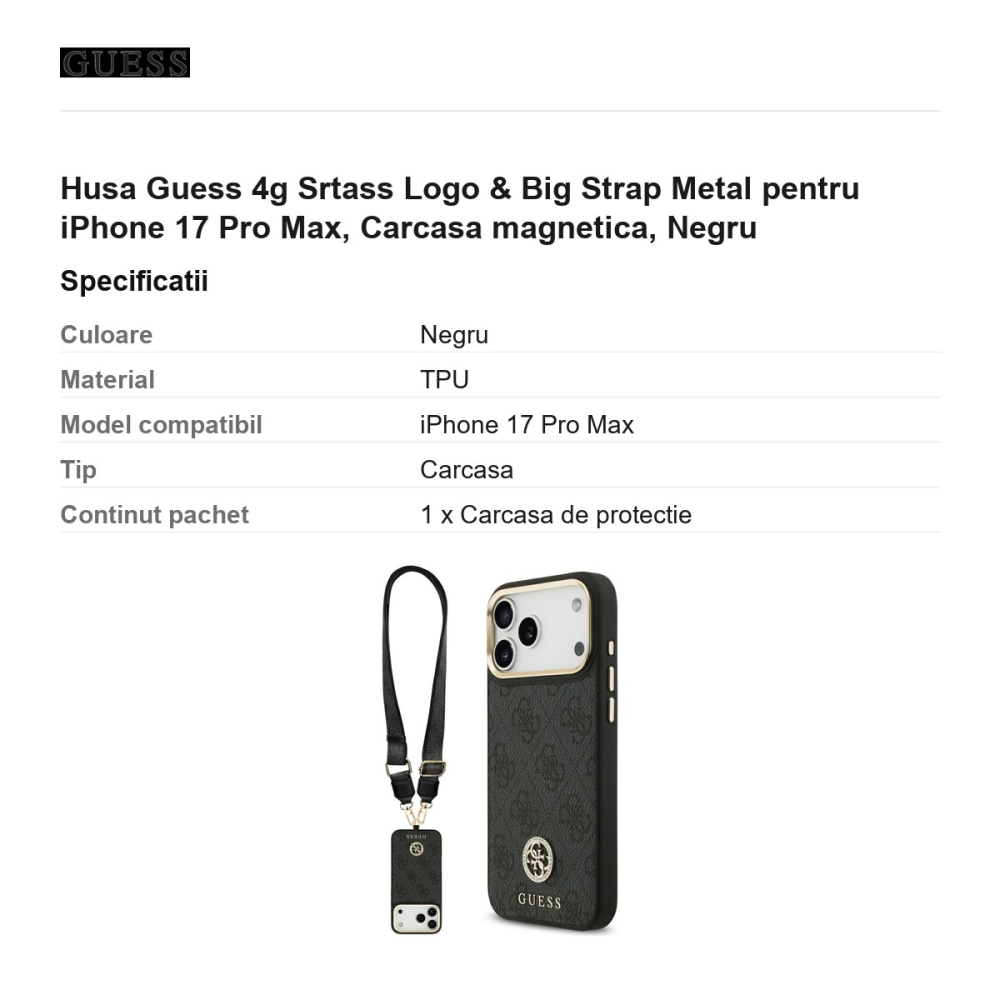 Husa Guess 4g Srtass Logo & Big Strap Metal pentru iPhone 17 Pro Max, Carcasa magnetica, Negru [3]