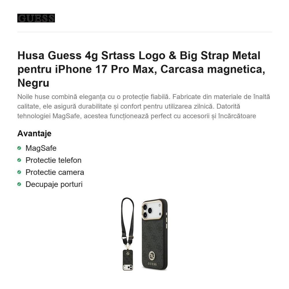 Husa Guess 4g Srtass Logo & Big Strap Metal pentru iPhone 17 Pro Max, Carcasa magnetica, Negru [2]