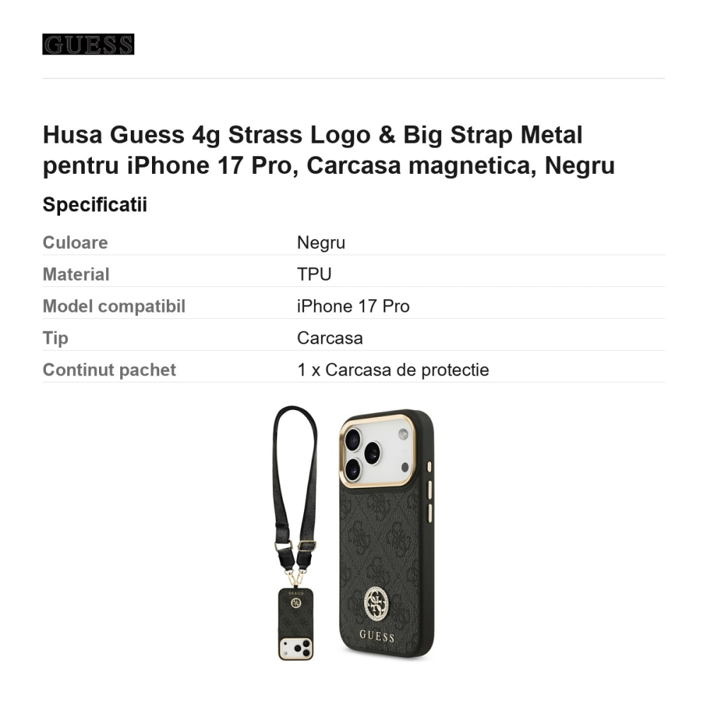 Husa Guess 4g Strass Logo & Big Strap Metal pentru iPhone 17 Pro, Carcasa magnetica, Negru [3]