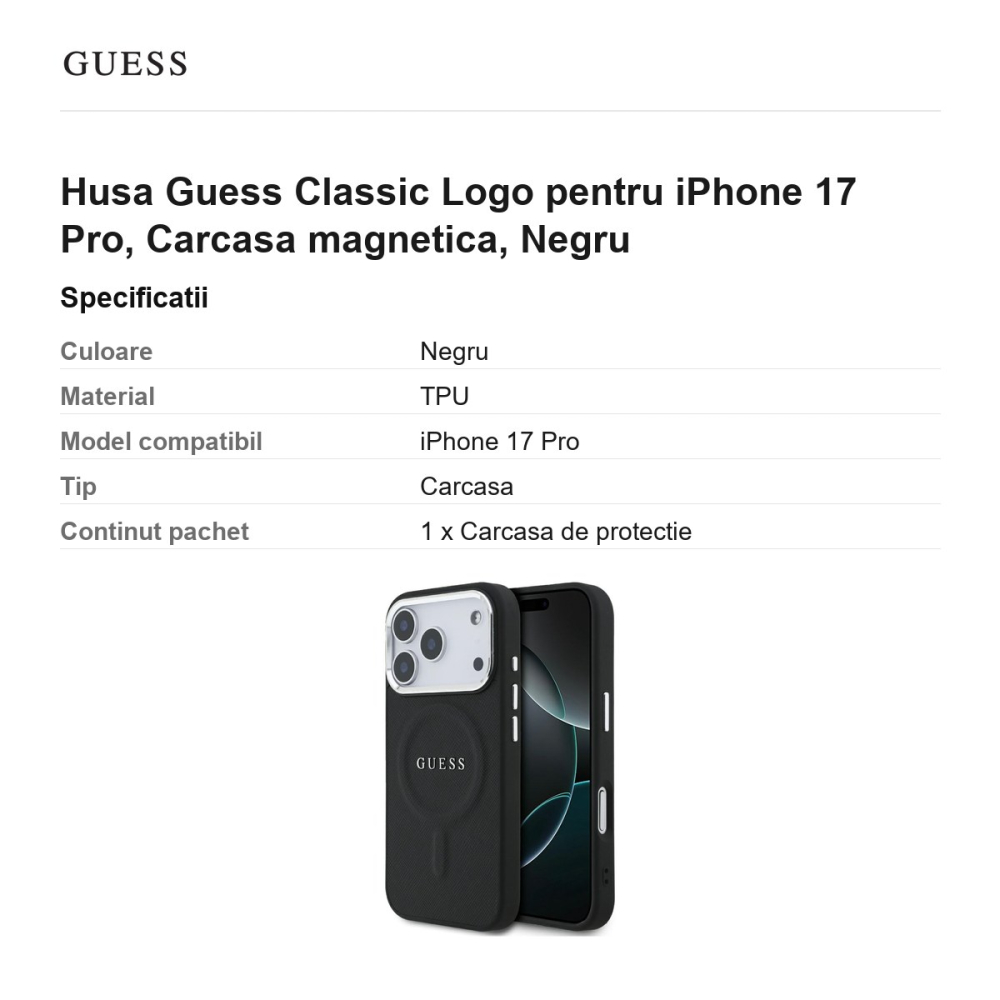 Husa Guess Classic Logo pentru iPhone 17 Pro, Carcasa magnetica, Negru [3]