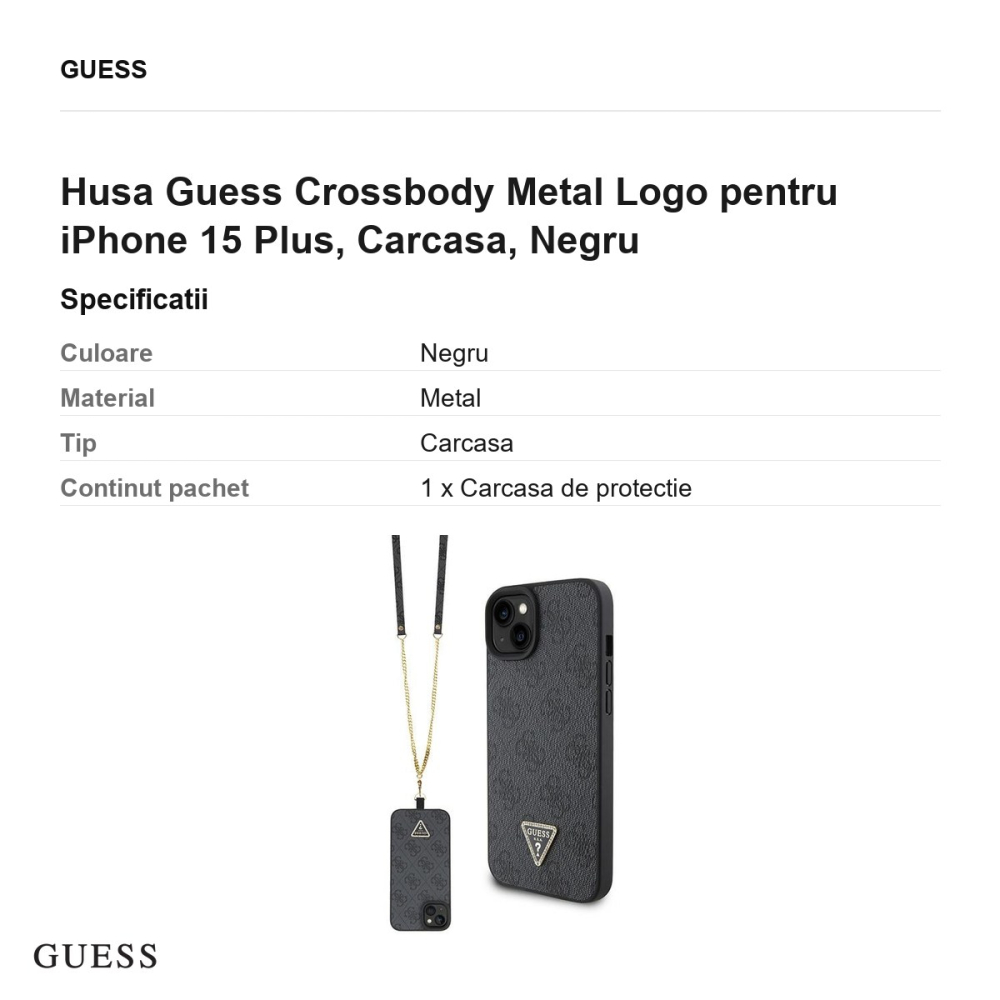 Husa Guess Crossbody Metal Logo pentru iPhone 15 Plus, Carcasa, Negru [3]