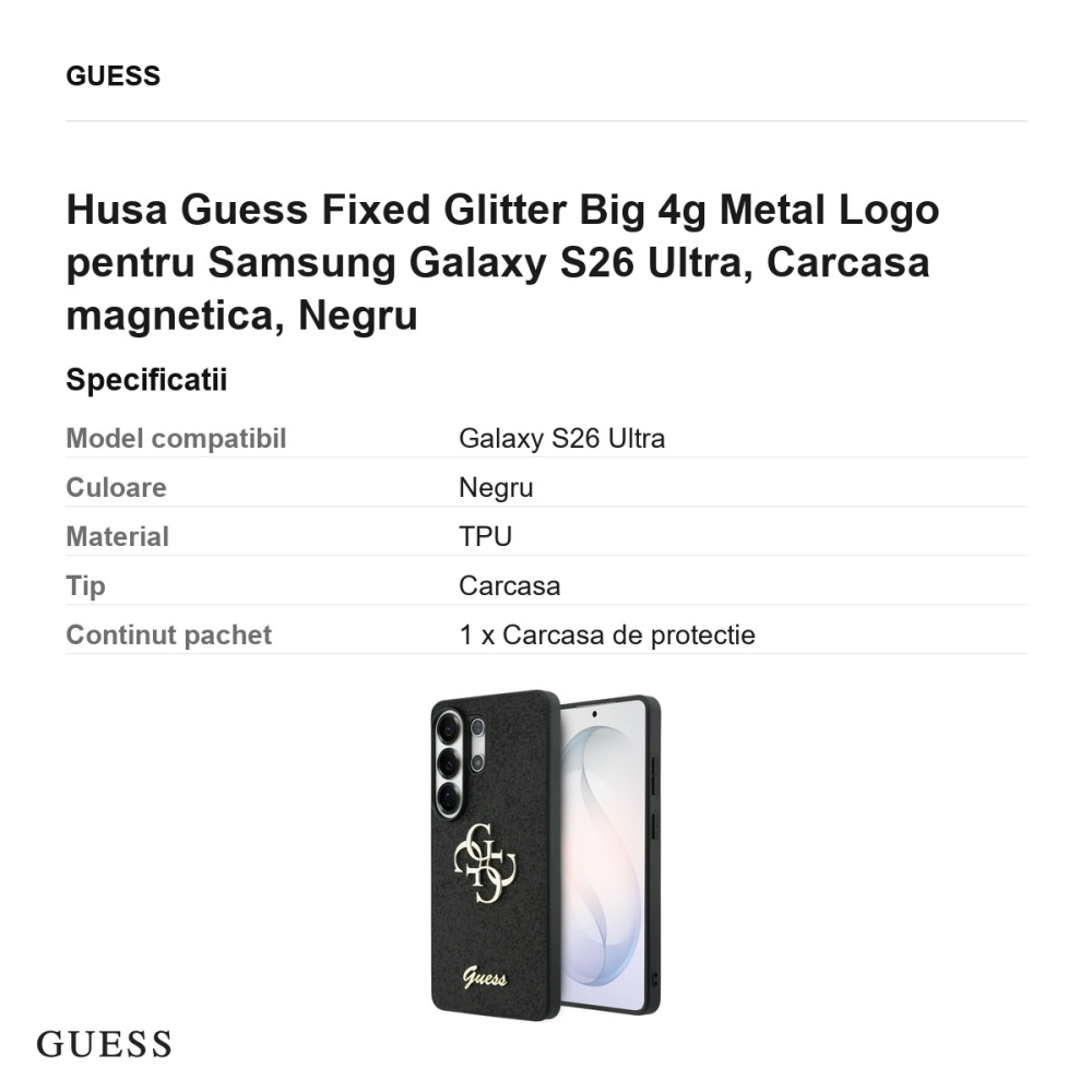 Husa Guess Fixed Glitter Big 4g Metal Logo pentru Samsung Galaxy S26 Ultra, Carcasa magnetica, Negru [3]
