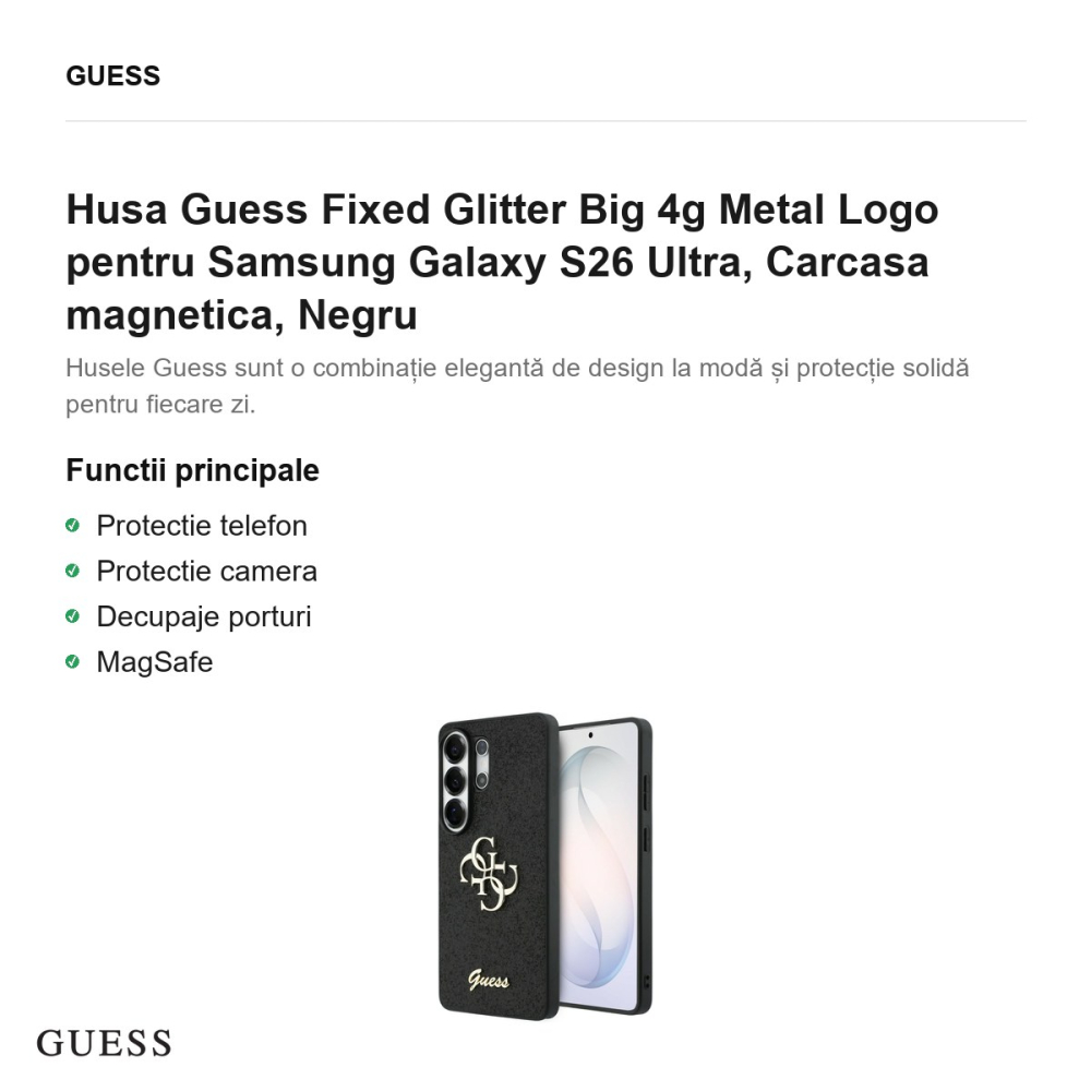 Husa Guess Fixed Glitter Big 4g Metal Logo pentru Samsung Galaxy S26 Ultra, Carcasa magnetica, Negru [2]