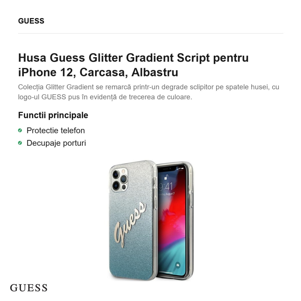 Husa Guess Glitter Gradient Script pentru iPhone 12, Carcasa, Albastru [2]