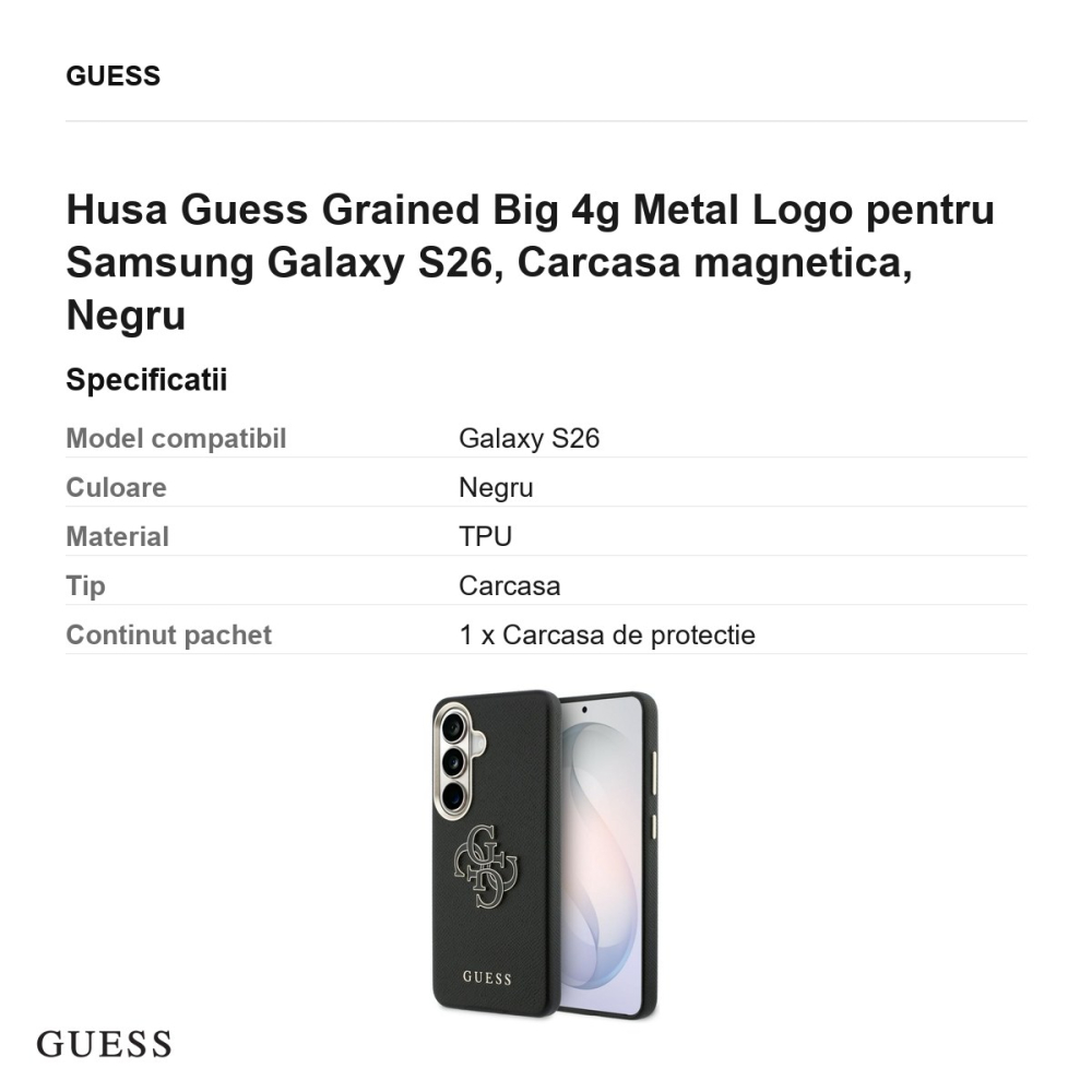 Husa Guess Grained Big 4g Metal Logo pentru Samsung Galaxy S26, Carcasa magnetica, Negru [3]