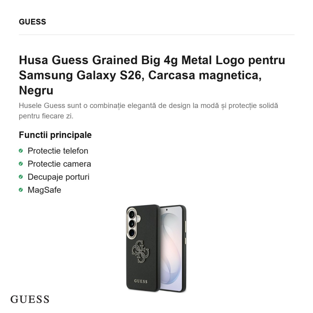 Husa Guess Grained Big 4g Metal Logo pentru Samsung Galaxy S26, Carcasa magnetica, Negru [2]