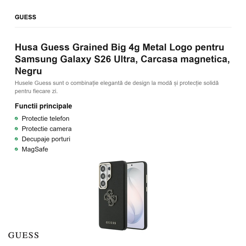 Husa Guess Grained Big 4g Metal Logo pentru Samsung Galaxy S26 Ultra, Carcasa magnetica, Negru [2]