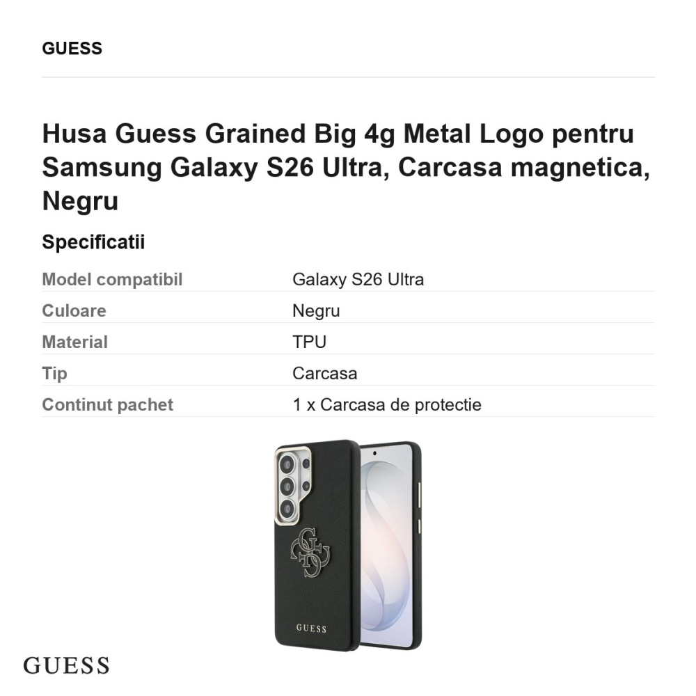 Husa Guess Grained Big 4g Metal Logo pentru Samsung Galaxy S26 Ultra, Carcasa magnetica, Negru [3]
