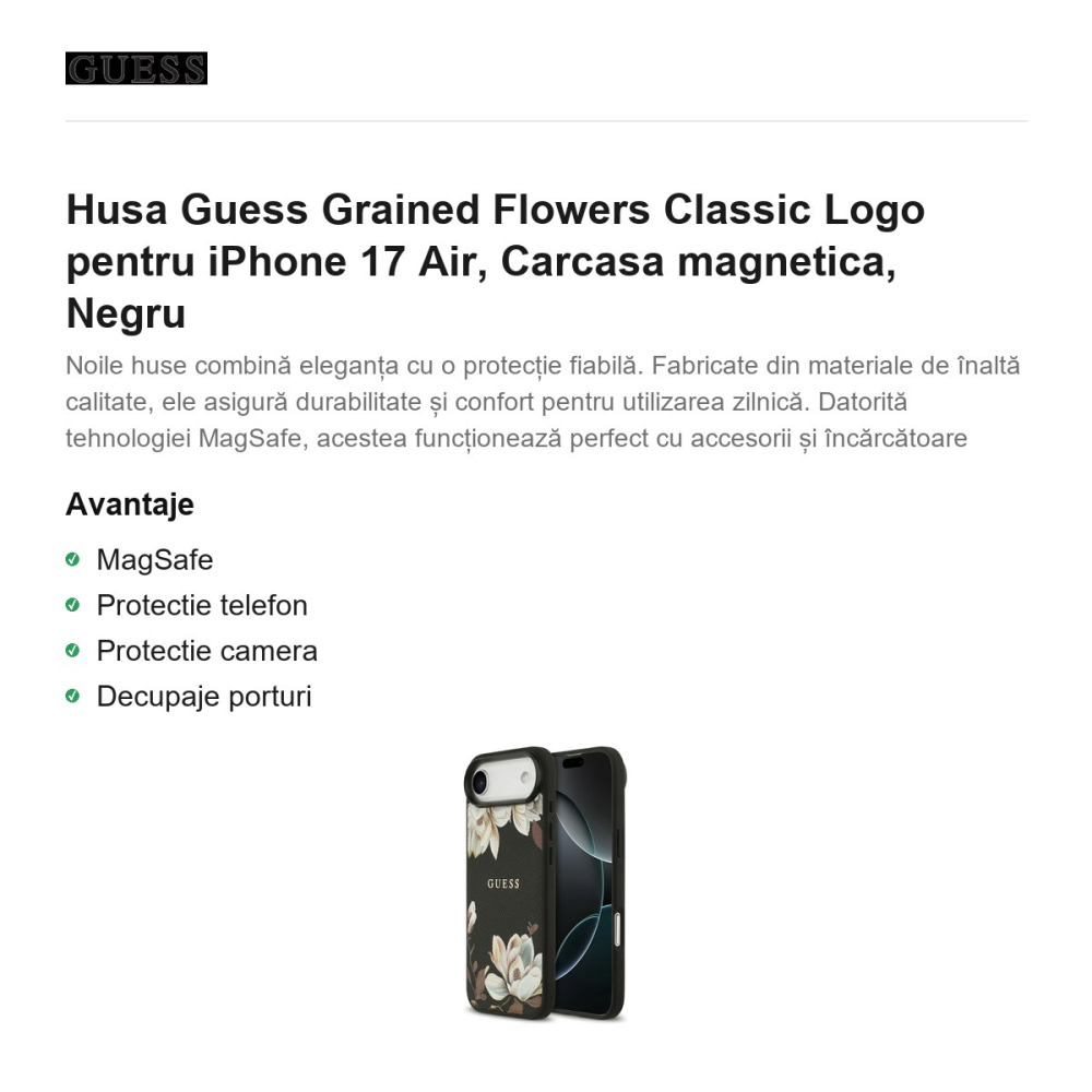 Husa Guess Grained Flowers Classic Logo pentru iPhone 17 Air, Carcasa magnetica, Negru [2]