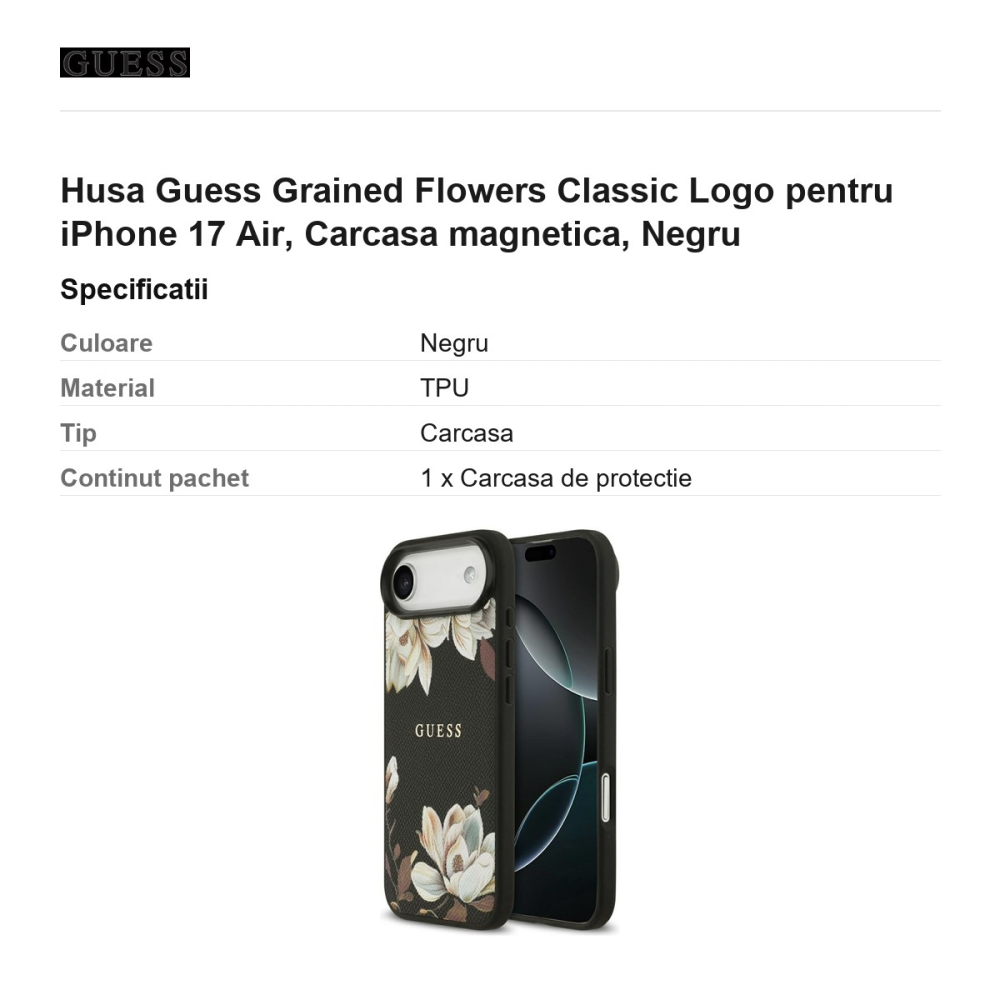 Husa Guess Grained Flowers Classic Logo pentru iPhone 17 Air, Carcasa magnetica, Negru [3]