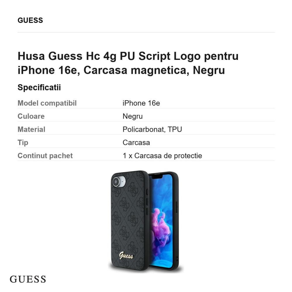 Husa Guess Hc 4g PU Script Logo pentru iPhone 16e, Carcasa magnetica, Negru [3]