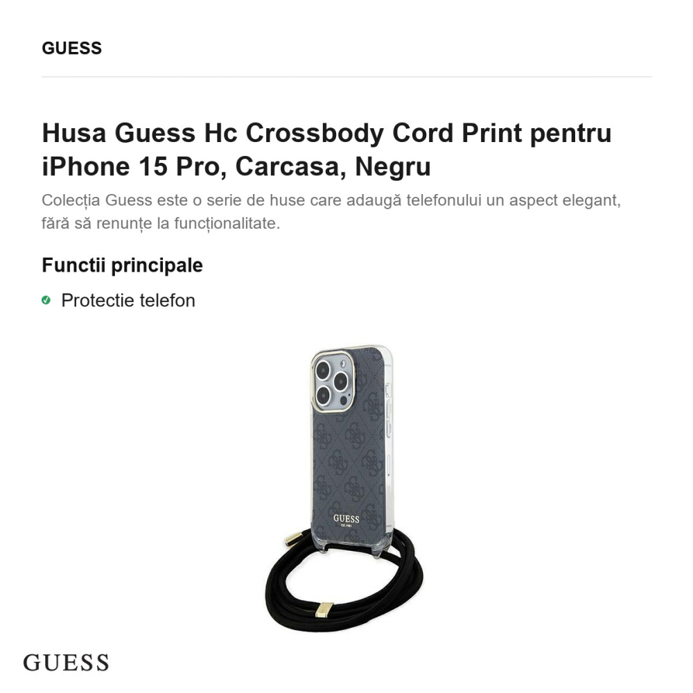 Husa Guess Hc Crossbody Cord Print pentru iPhone 15 Pro, Carcasa, Negru [2]