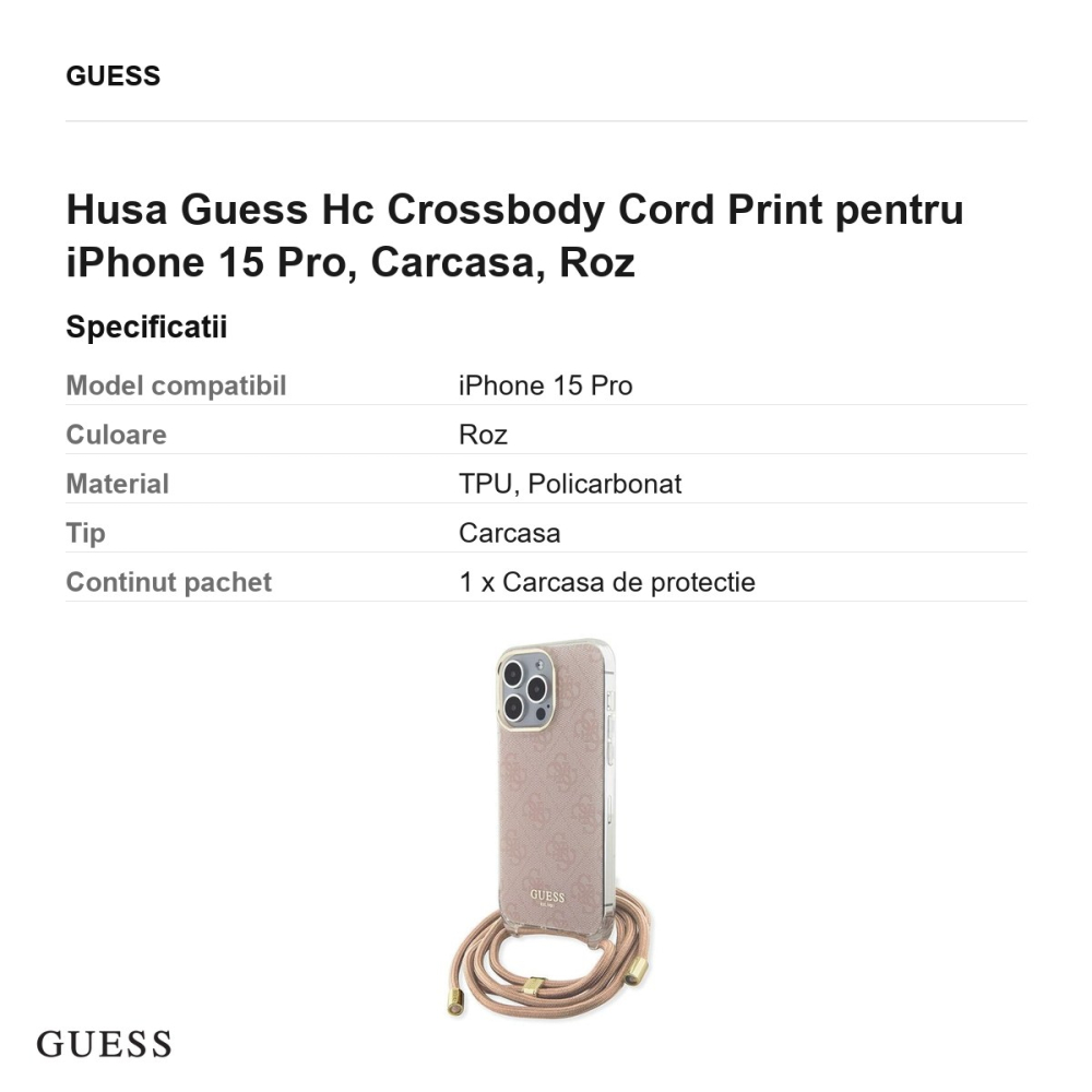 Husa Guess Hc Crossbody Cord Print pentru iPhone 15 Pro, Carcasa, Roz [3]
