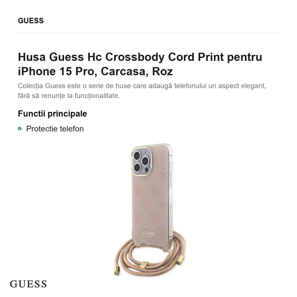 Husa Guess Hc Crossbody Cord Print pentru iPhone 15 Pro, Carcasa, Roz [2]