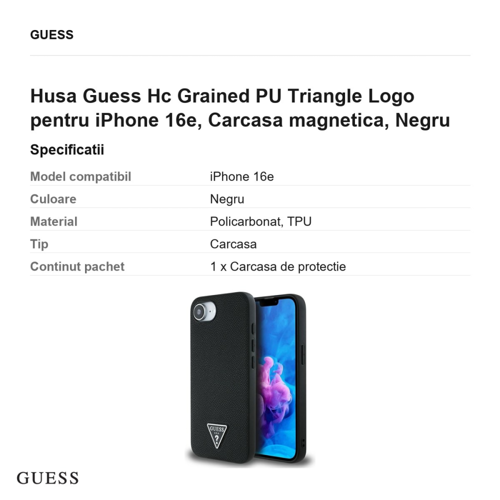 Husa Guess Hc Grained PU Triangle Logo pentru iPhone 16e, Carcasa magnetica, Negru [3]
