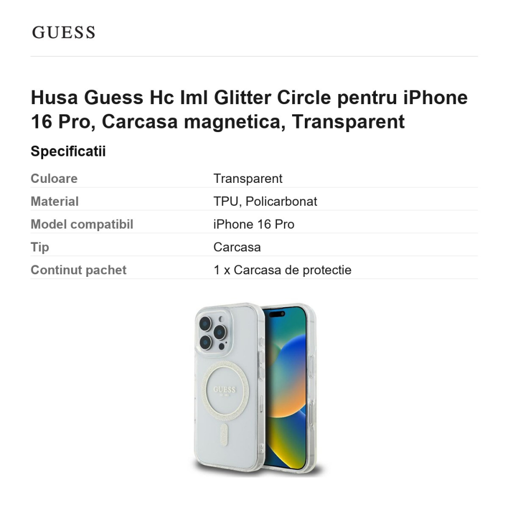 Husa Guess Hc Iml Glitter Circle pentru iPhone 16 Pro, Carcasa magnetica, Transparent [3]