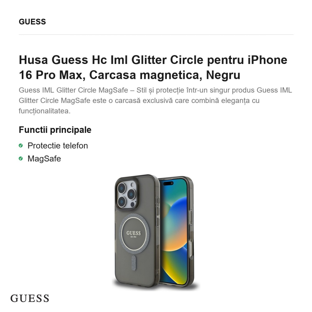 Husa Guess Hc Iml Glitter Circle pentru iPhone 16 Pro Max, Carcasa magnetica, Negru [2]