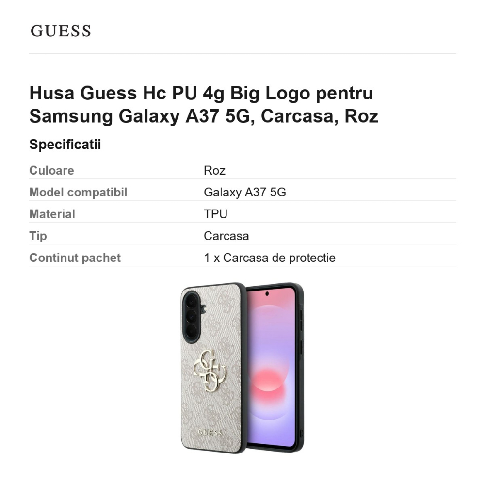 Husa Guess Hc PU 4g Big Logo pentru Samsung Galaxy A37 5G, Carcasa, Roz [3]
