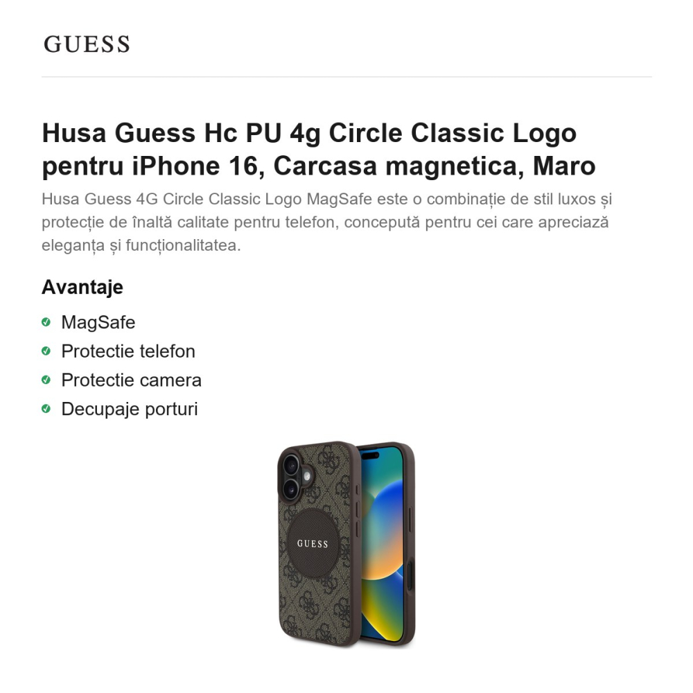 Husa Guess Hc PU 4g Circle Classic Logo pentru iPhone 16, Carcasa magnetica, Maro [2]