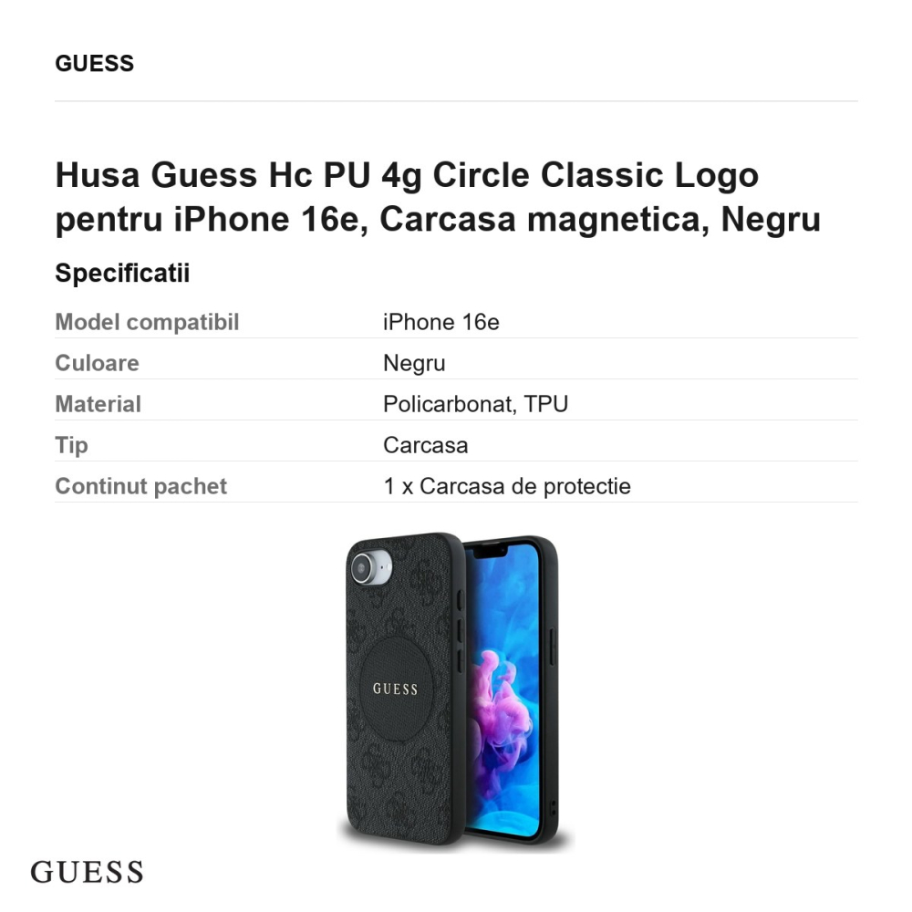 Husa Guess Hc PU 4g Circle Classic Logo pentru iPhone 16e, Carcasa magnetica, Negru [3]