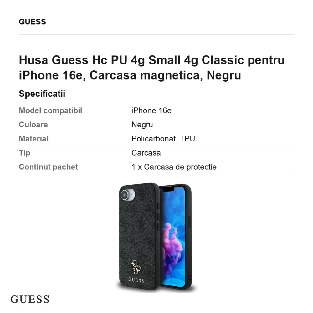 Husa Guess Hc PU 4g Small 4g Classic pentru iPhone 16e, Carcasa magnetica, Negru [3]