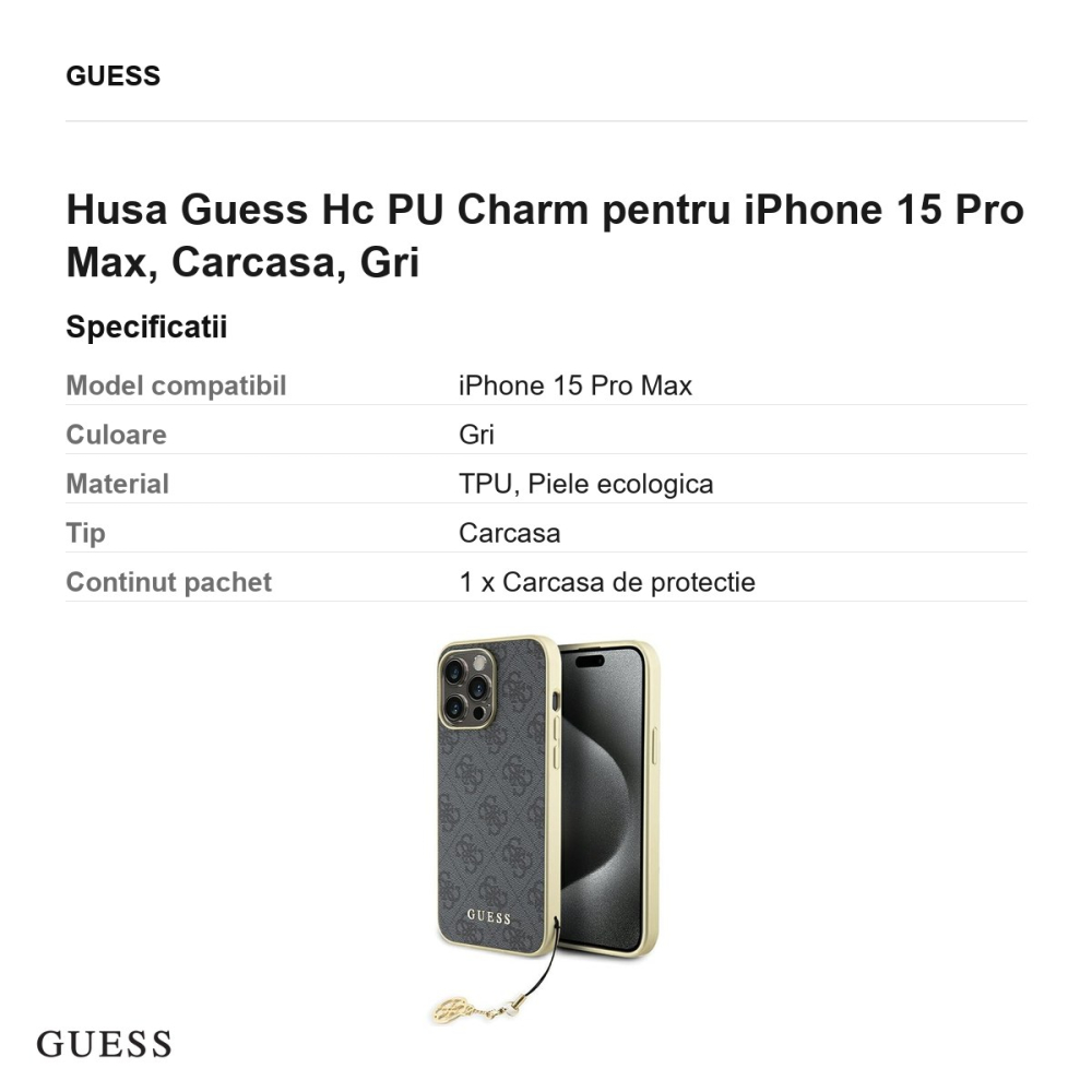 Husa Guess Hc PU Charm pentru iPhone 15 Pro Max, Carcasa, Gri [3]