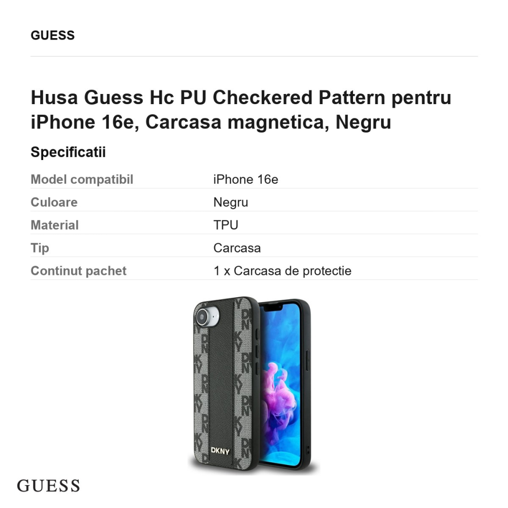 Husa Guess Hc PU Checkered Pattern pentru iPhone 16e, Carcasa magnetica, Negru [3]