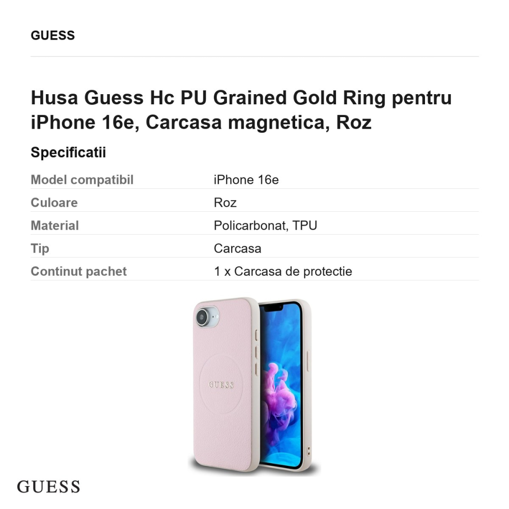 Husa Guess Hc PU Grained Gold Ring pentru iPhone 16e, Carcasa magnetica, Roz [3]